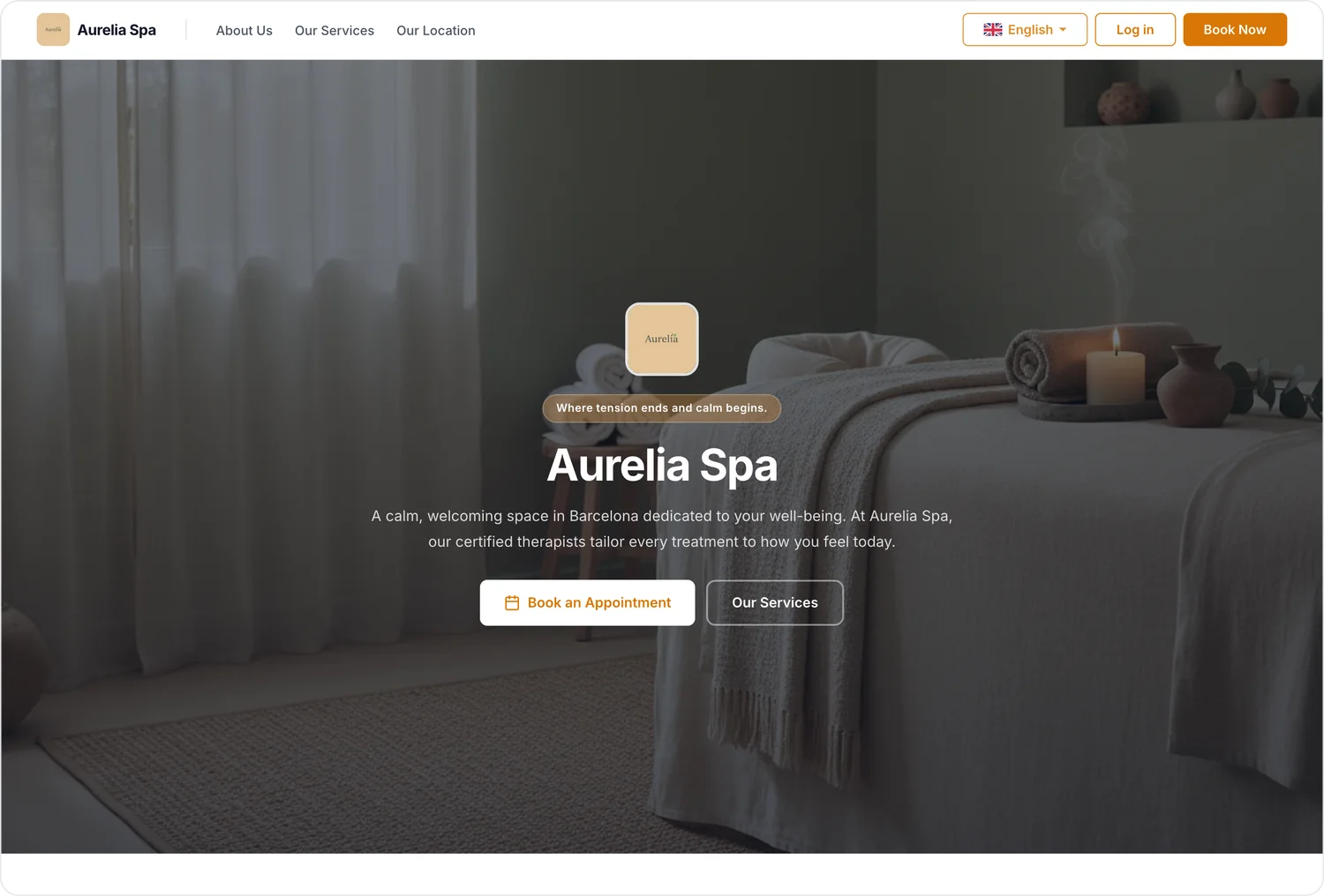A real WellDesk booking page for a spa — a branded hero with the shop's own photo, name, tagline, and a Book an Appointment button