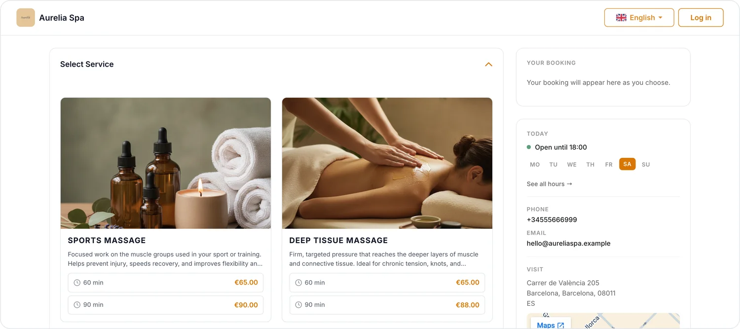 The booking page for the Aurelia Spa demo, showing service cards for Sports Massage and Deep Tissue Massage — each with a photo, short description, durations of 60 and 90 minutes, and prices — alongside a sidebar with today's hours, phone, and address