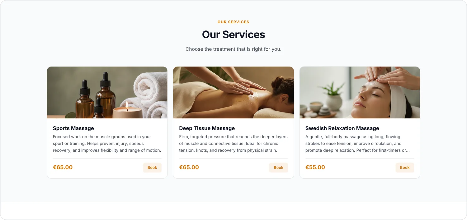 The services section of the Aurelia Spa page — three treatment cards for Sports, Deep Tissue, and Swedish massage, each with a photo, description, price, and a Book button