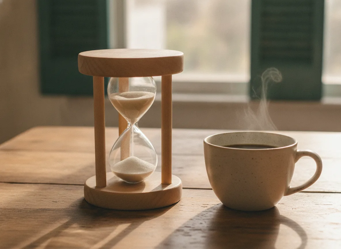A wooden sand timer half run through beside a cup of coffee, on a kitchen table