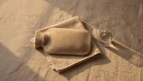 A hot-water bottle in a knitted cover on a folded towel, beside a glass of water, on a linen sheet