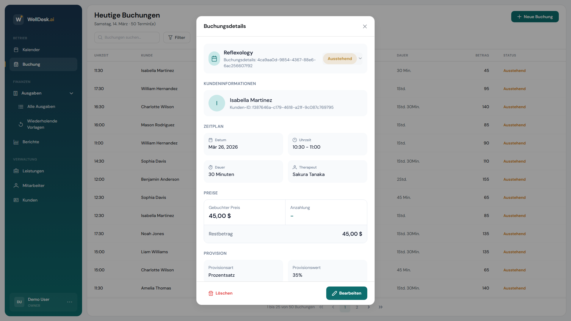 Buchungsdetail-Dialog mit Status-Dropdown