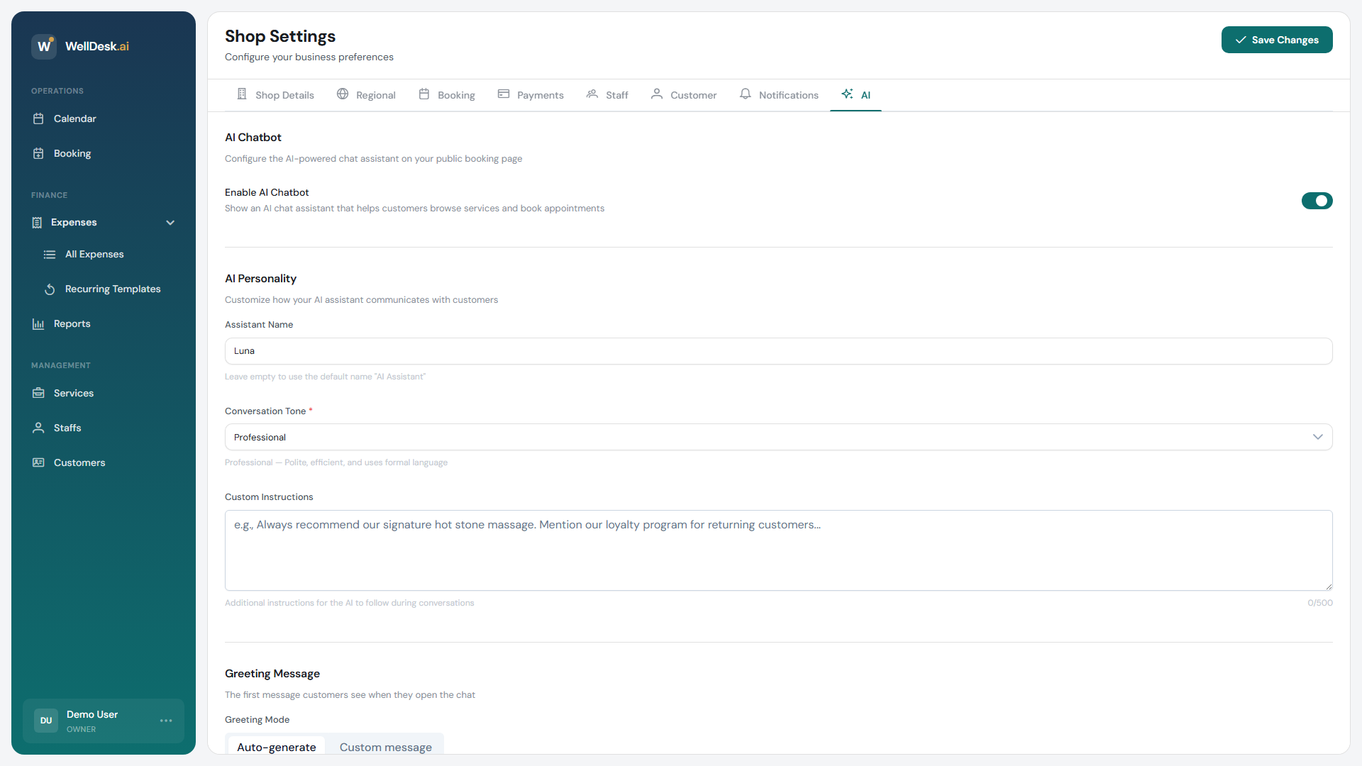 AI settings configuration panel showing the Enable AI Assistant toggle and related options