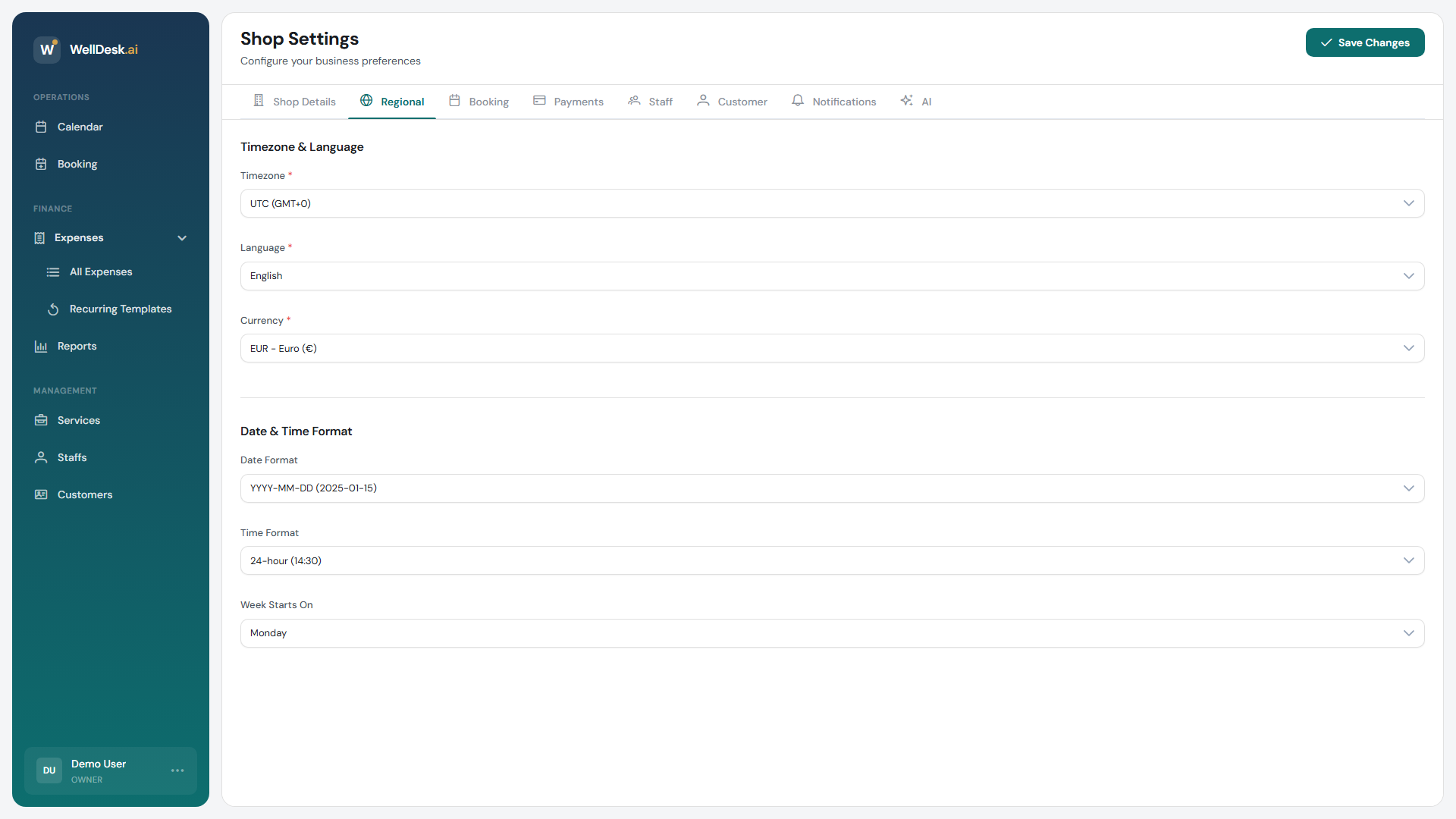 Regional settings tab