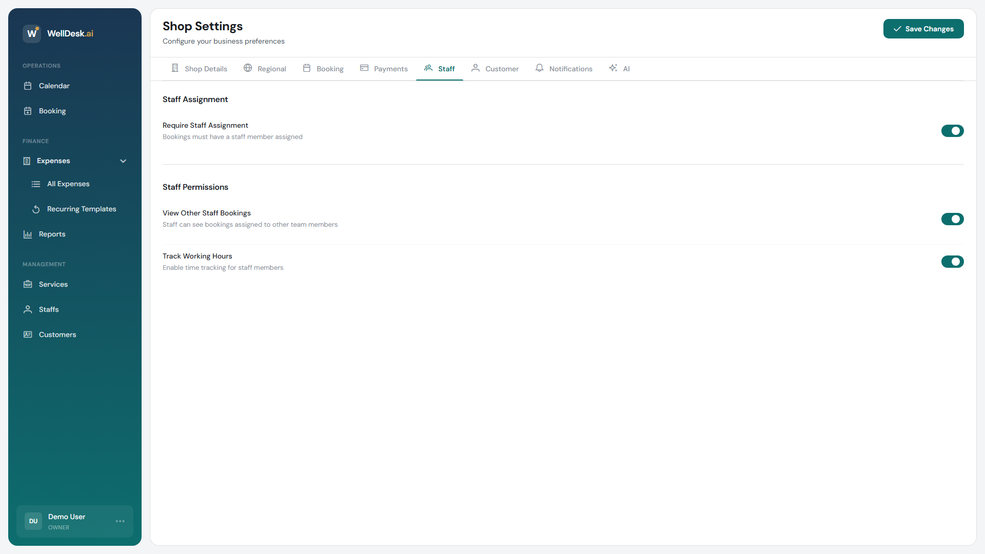 Staff settings tab