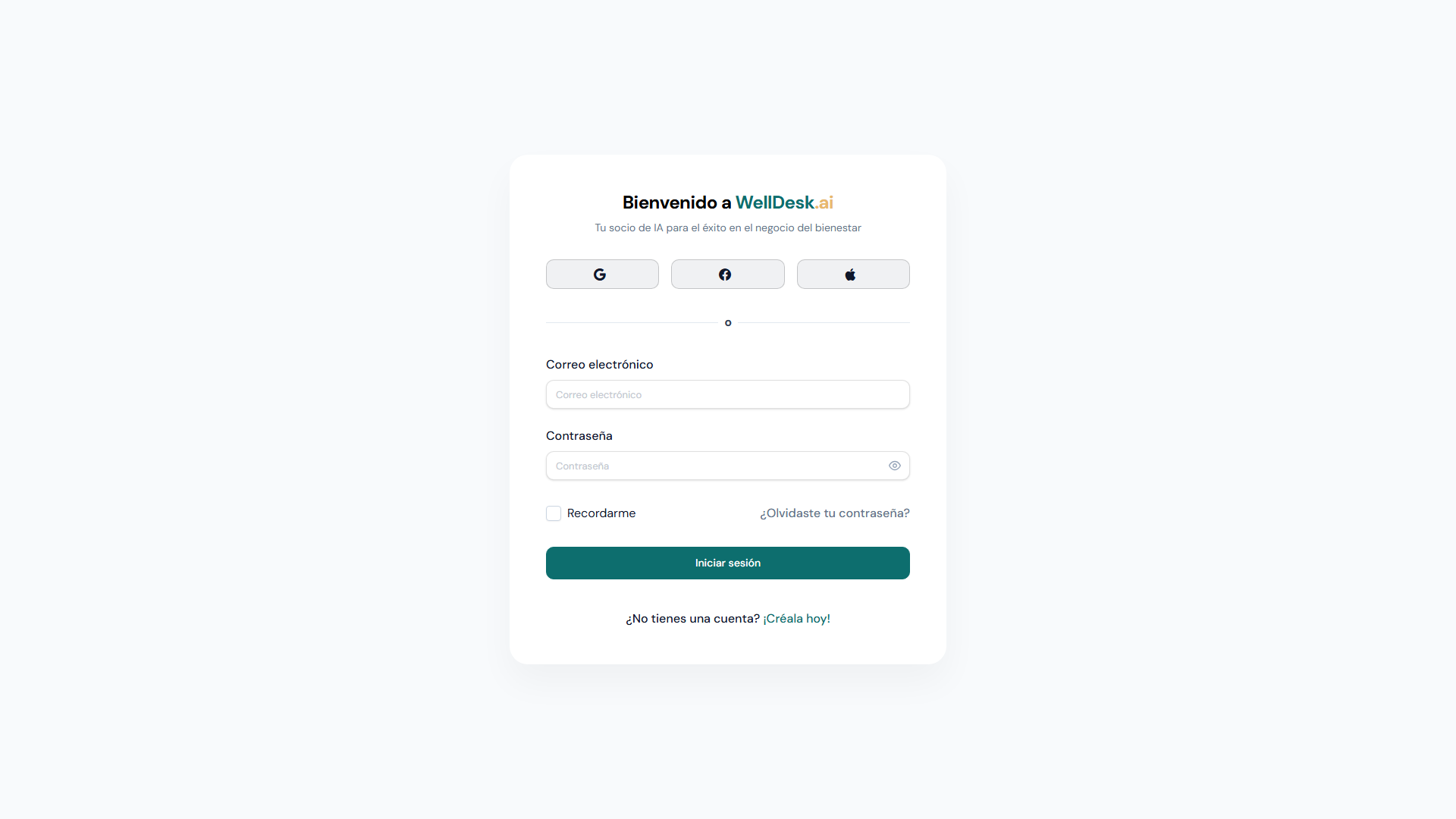 Pantalla de inicio de sesión de WellDesk