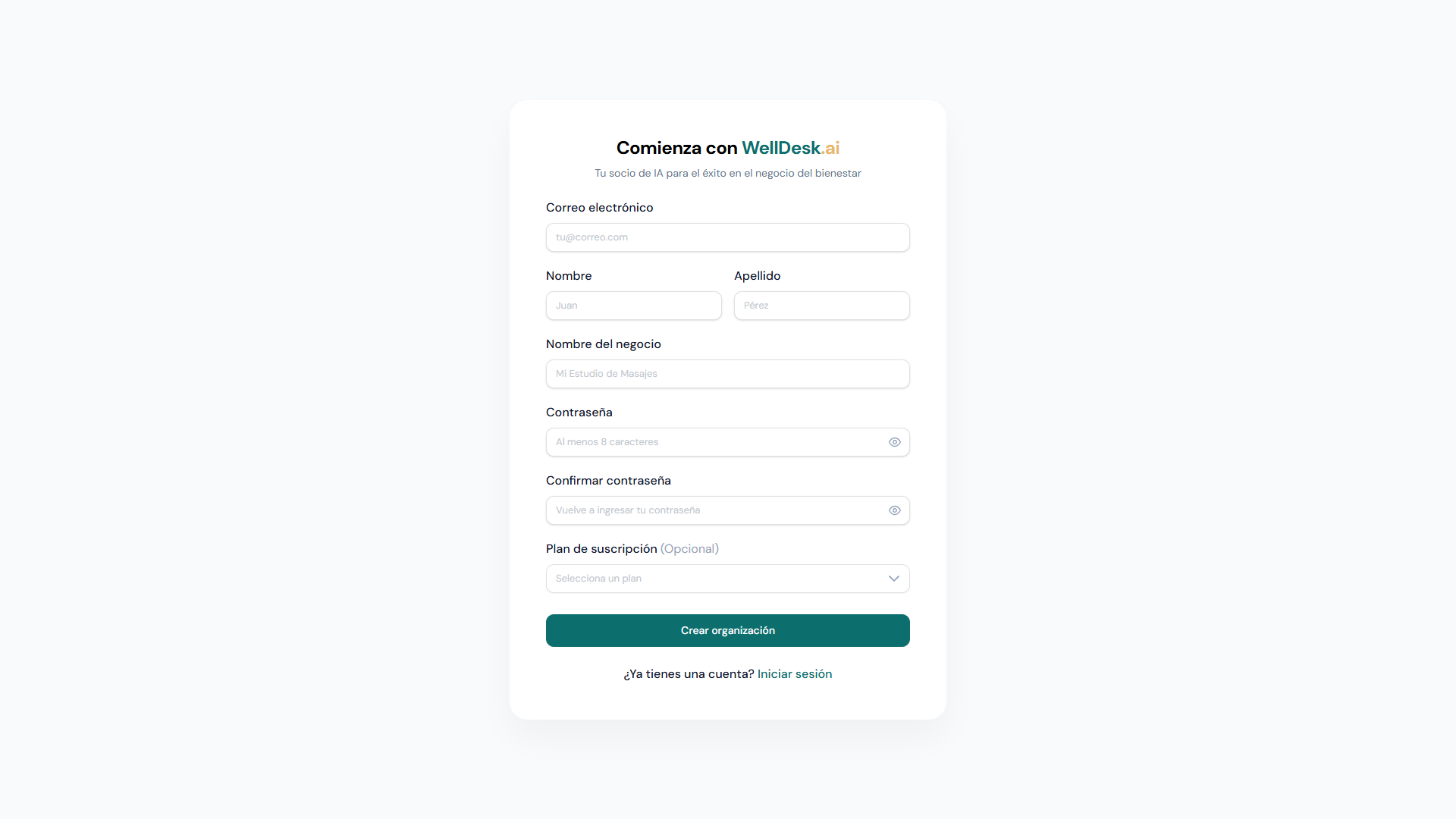 Pantalla de registro de WellDesk