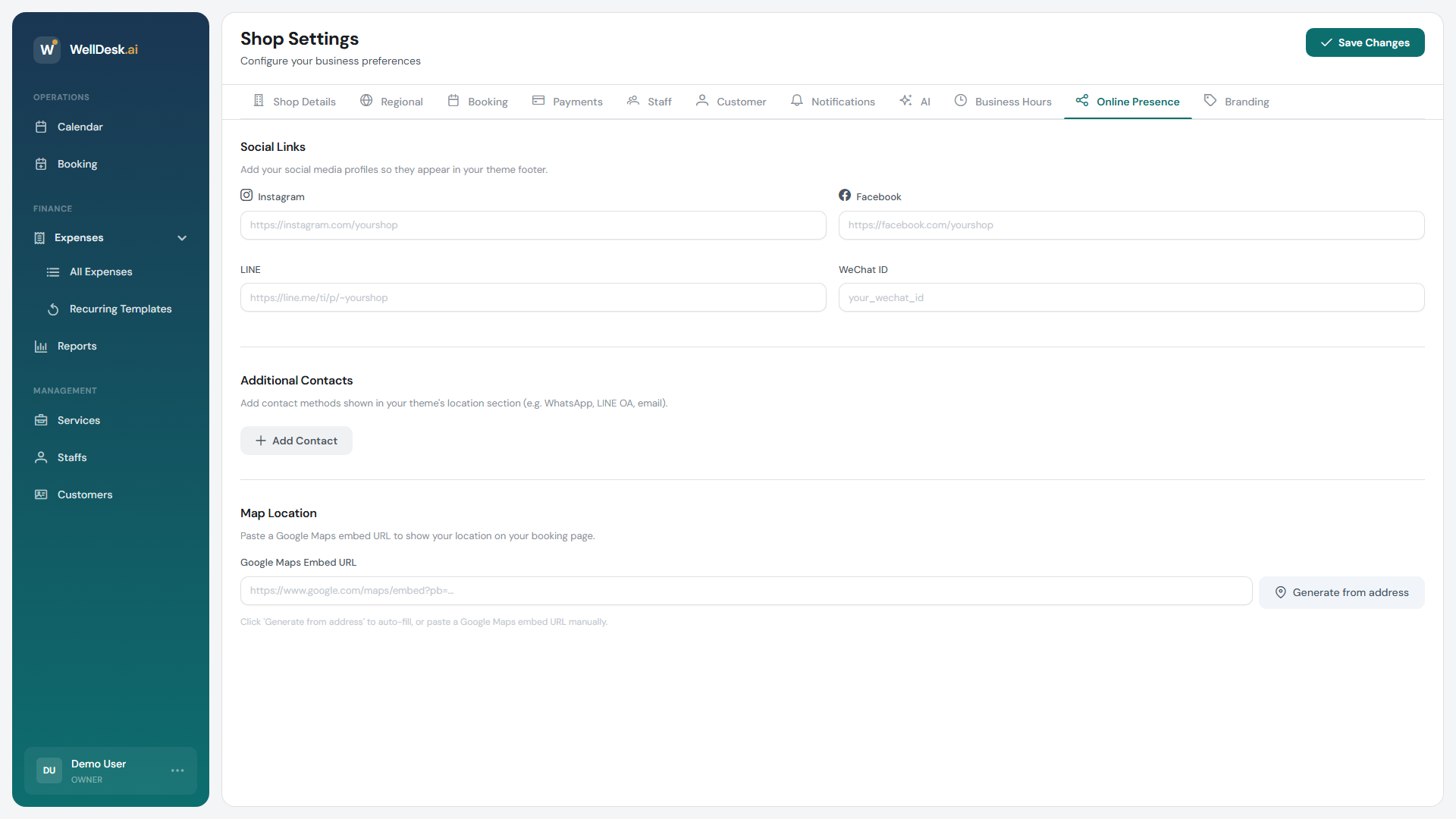 Pestaña de configuración de presencia en línea